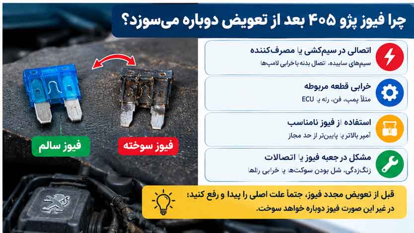 چرا فیوز پژو ۴۰۵ بعد از تعویض دوباره می‌سوزد؟